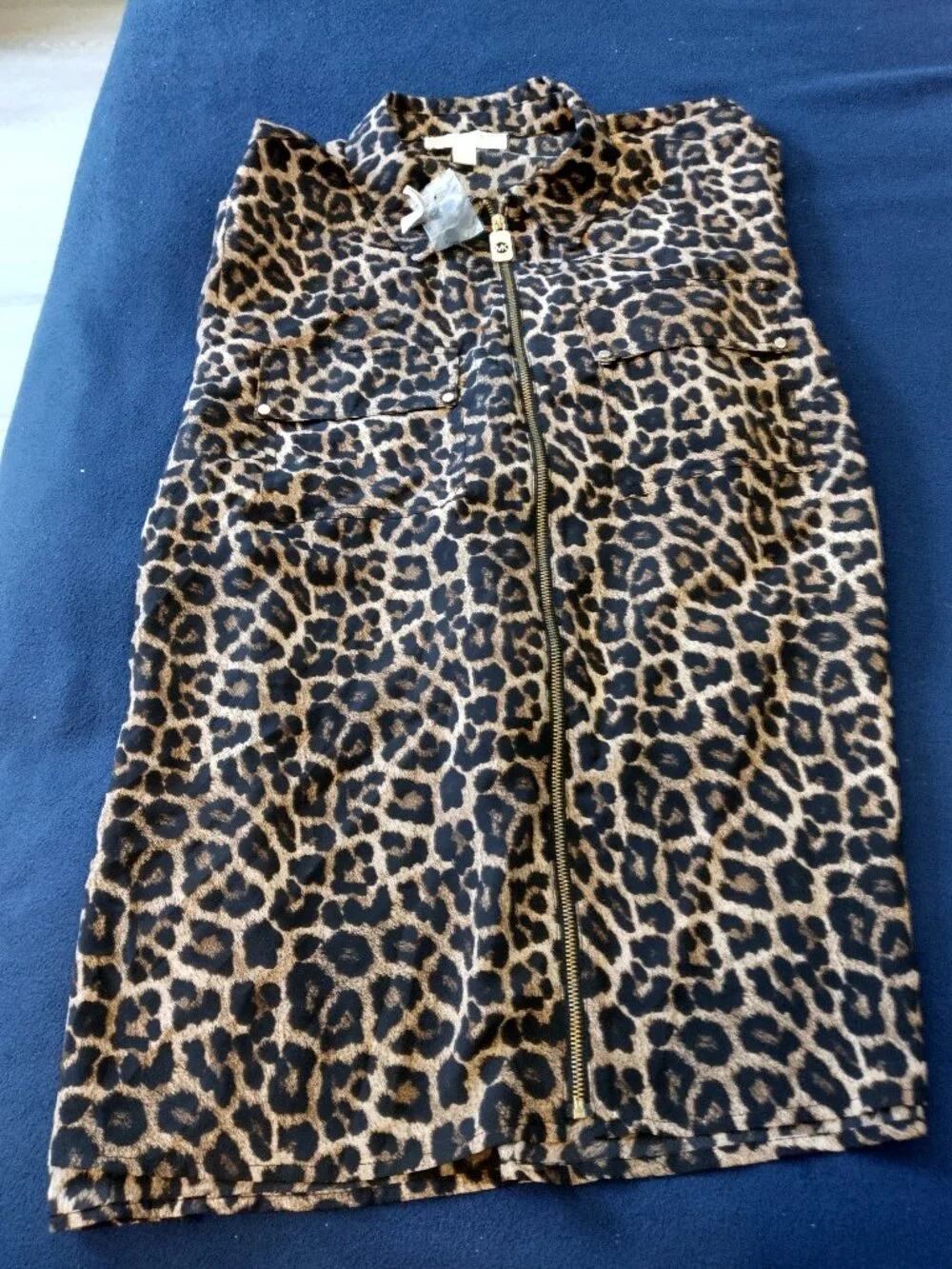 Michael Kors Full Zip Shirt Black/Brown Leopard Roll Tab Sleeves 2X